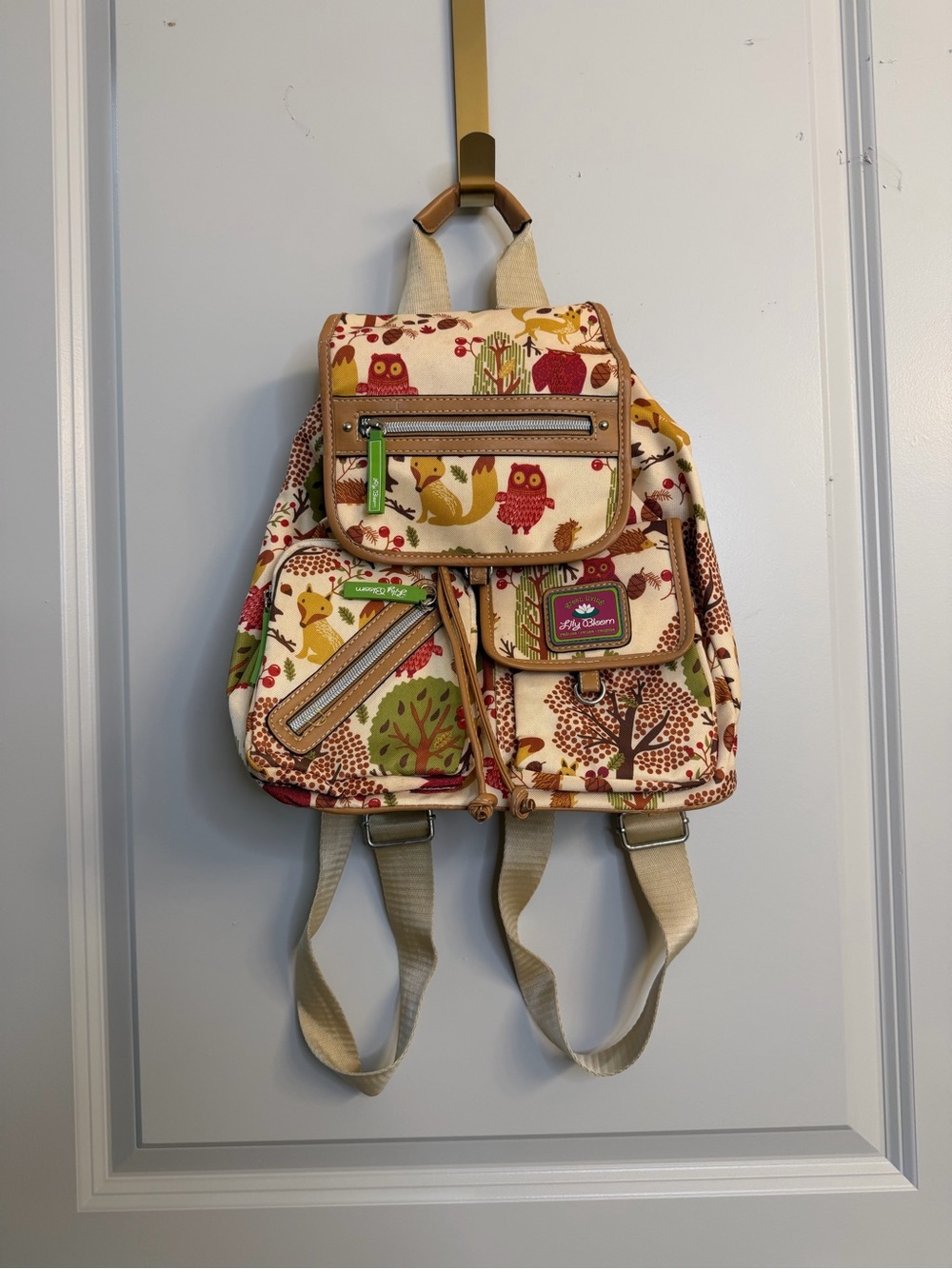 Lily Bloom Cream Woodland Owl Mini Backpack with Red & Green Accents